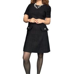 Black Tape - Classic Black Tweed Dress Short Sleeve Button Pocket Detail - M